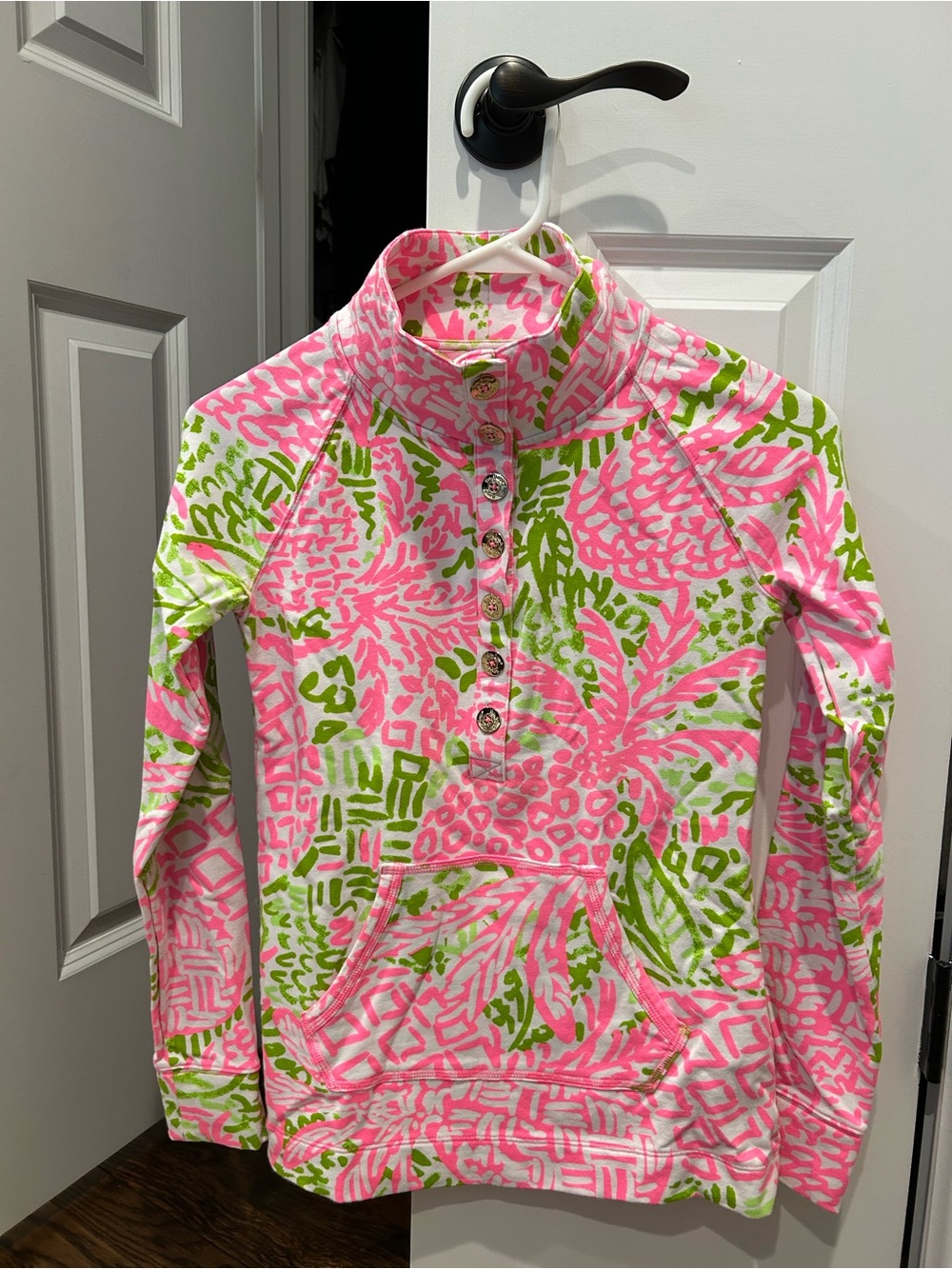 Lilly Pulitzer Pink and Green Printed Button Pullover Hoodie